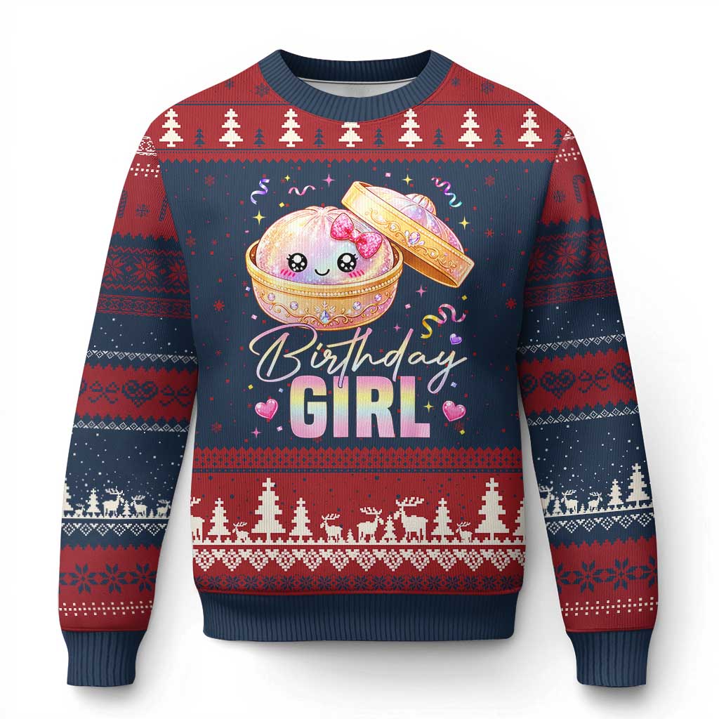 Kawaii Birthday Girl Glitter Dumpling Graphic Ugly Christmas Sweater Cute Pink Bow Dim Sum Party Gift