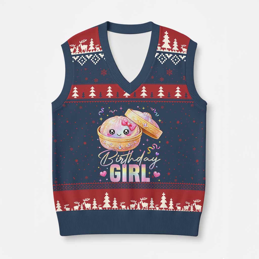 Kawaii Birthday Girl Glitter Dumpling Graphic V-Neck Knit Sweater Vest Cute Pink Bow Dim Sum Party Gift