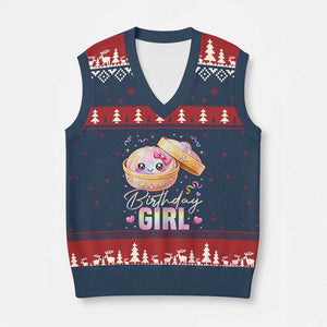 Kawaii Birthday Girl Glitter Dumpling Graphic V-Neck Knit Sweater Vest Cute Pink Bow Dim Sum Party Gift