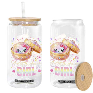 Kawaii Birthday Girl Glitter Dumpling Graphic Glass Can Cute Pink Bow Dim Sum Party Gift