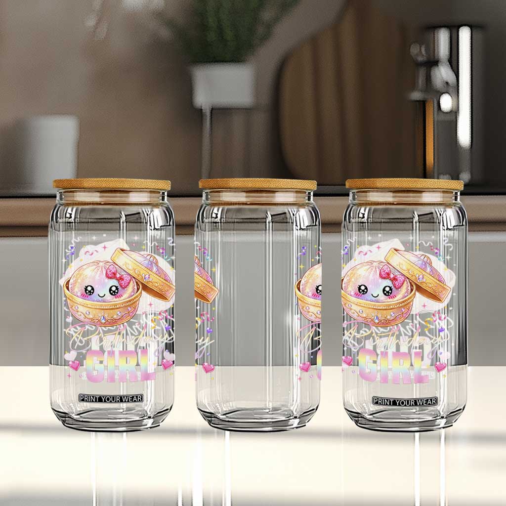 Kawaii Birthday Girl Glitter Dumpling Graphic Glass Can Cute Pink Bow Dim Sum Party Gift