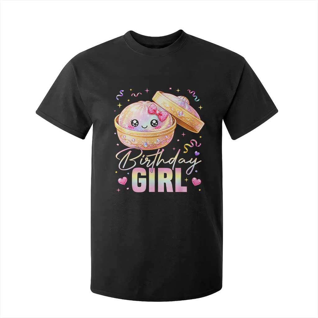 Kawaii Birthday Girl Glitter Dumpling Graphic T Shirt For Kid Cute Pink Bow Dim Sum Party Gift