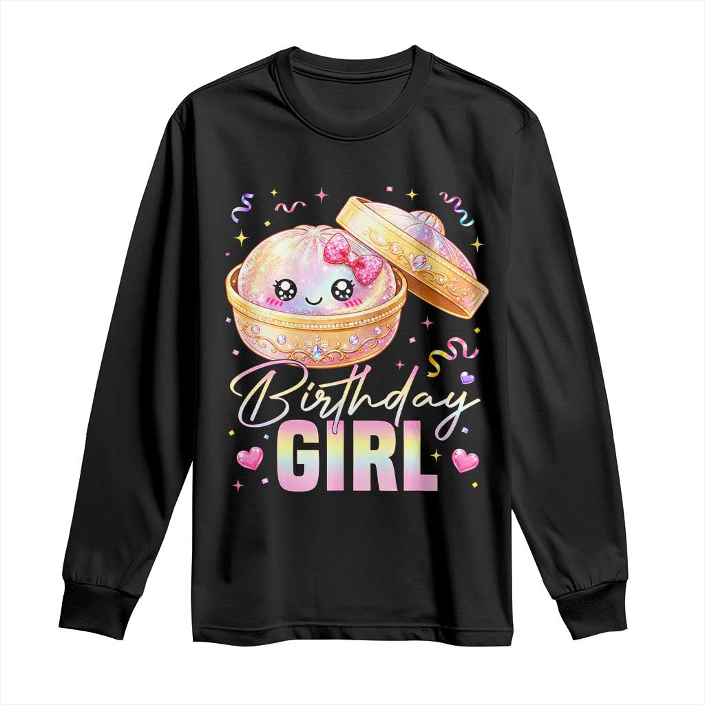 Kawaii Birthday Girl Glitter Dumpling Graphic Long Sleeve Shirt Cute Pink Bow Dim Sum Party Gift