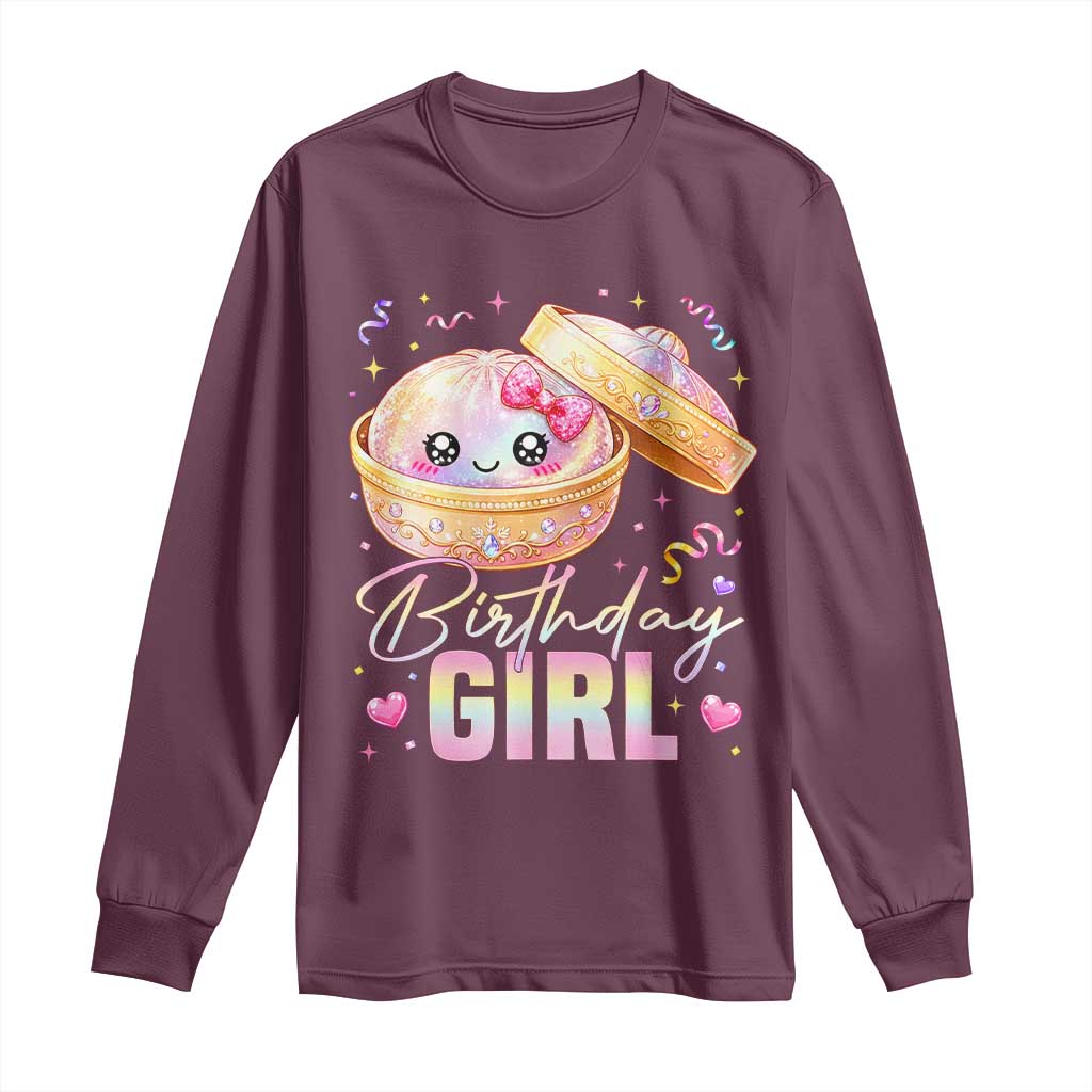 Kawaii Birthday Girl Glitter Dumpling Graphic Long Sleeve Shirt Cute Pink Bow Dim Sum Party Gift
