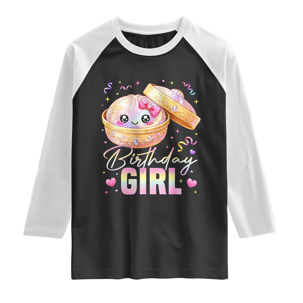 Kawaii Birthday Girl Glitter Dumpling Graphic Raglan Shirt Cute Pink Bow Dim Sum Party Gift
