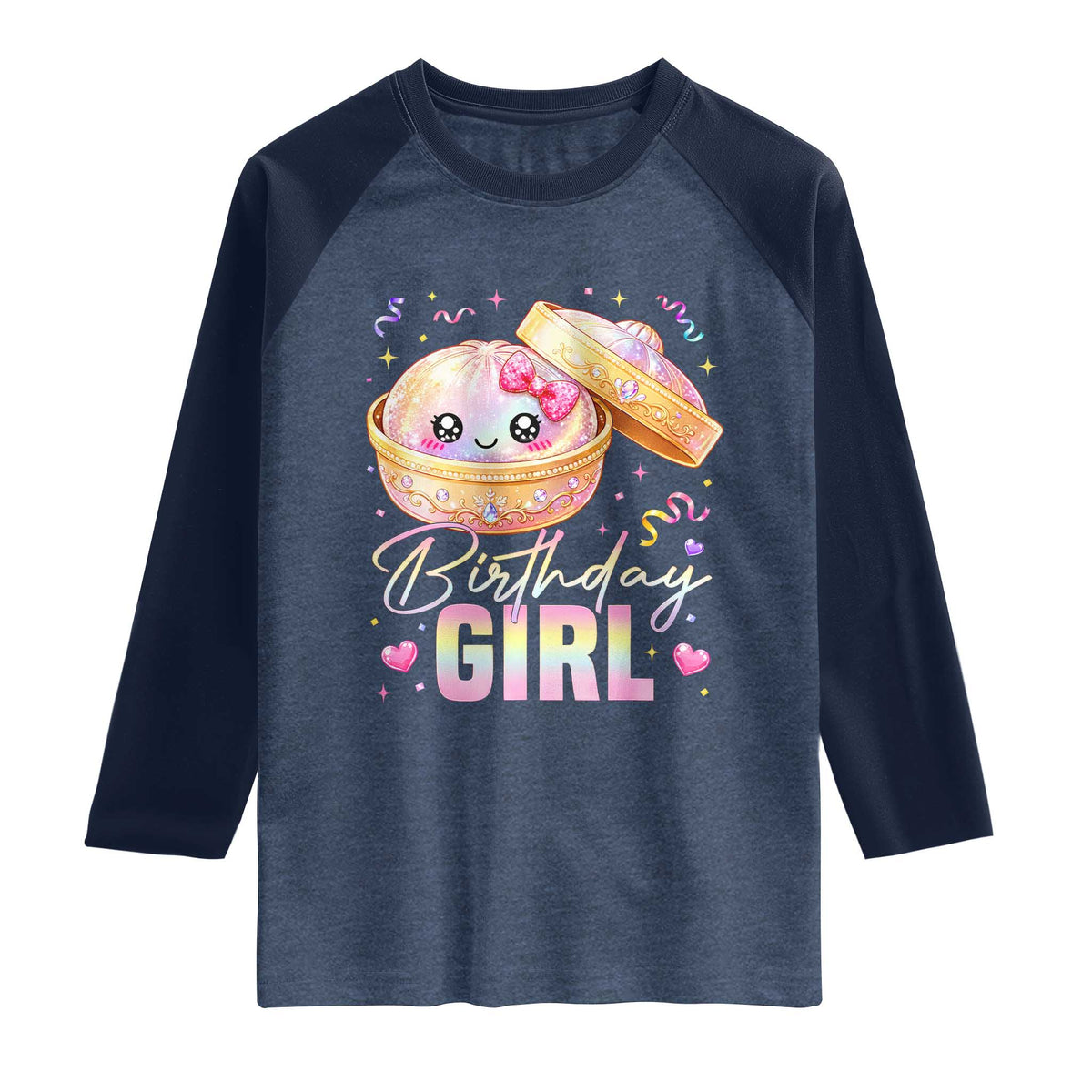 Kawaii Birthday Girl Glitter Dumpling Graphic Raglan Shirt Cute Pink Bow Dim Sum Party Gift