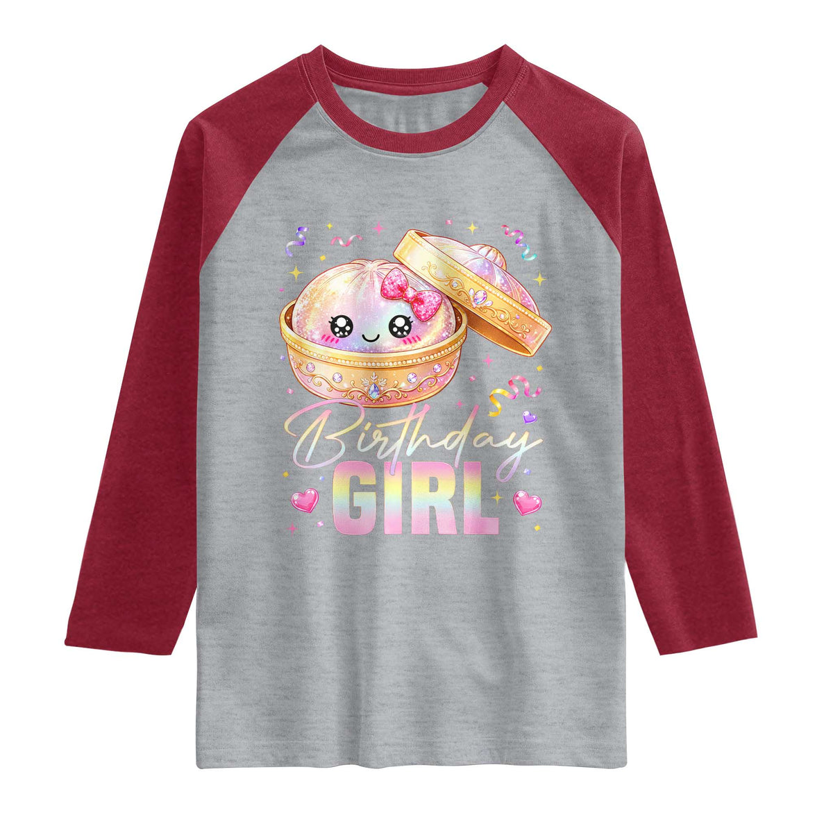 Kawaii Birthday Girl Glitter Dumpling Graphic Raglan Shirt Cute Pink Bow Dim Sum Party Gift