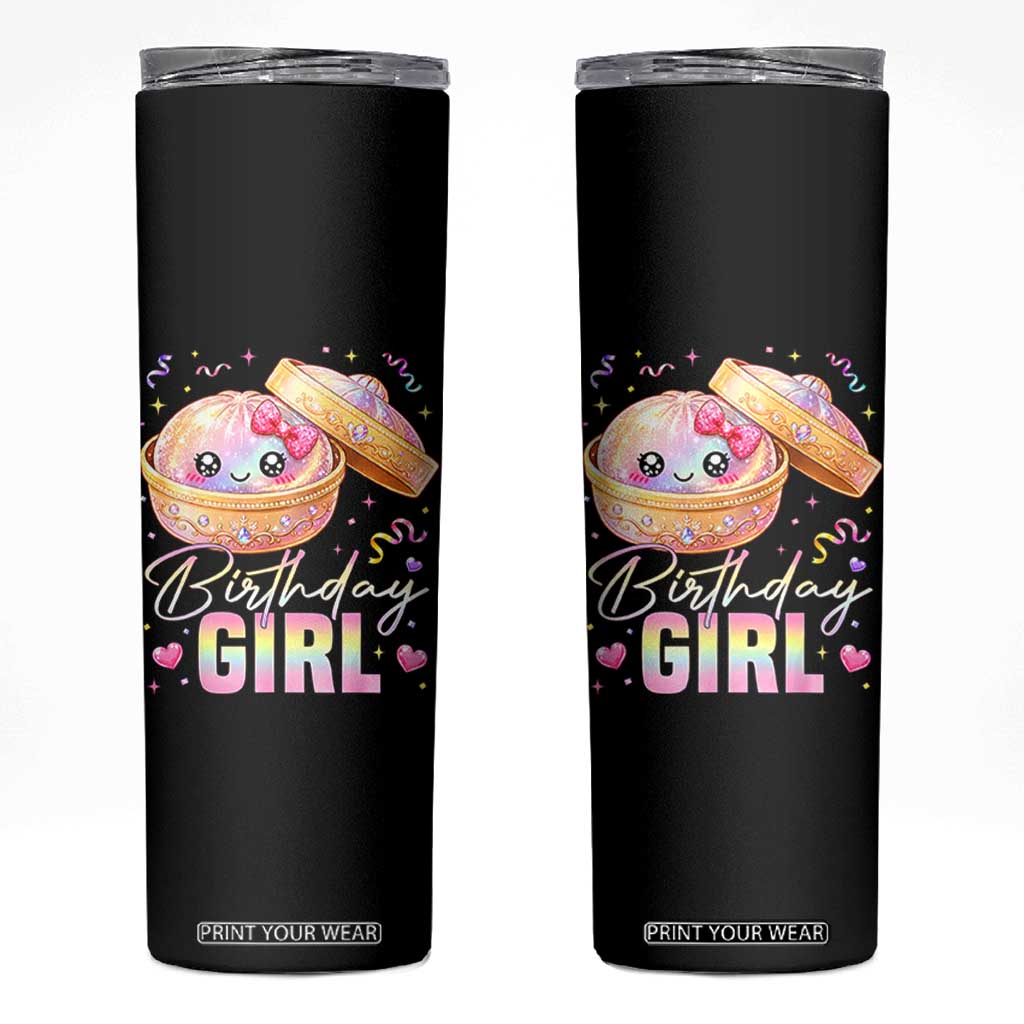 Kawaii Birthday Girl Glitter Dumpling Graphic Skinny Tumbler Cute Pink Bow Dim Sum Party Gift
