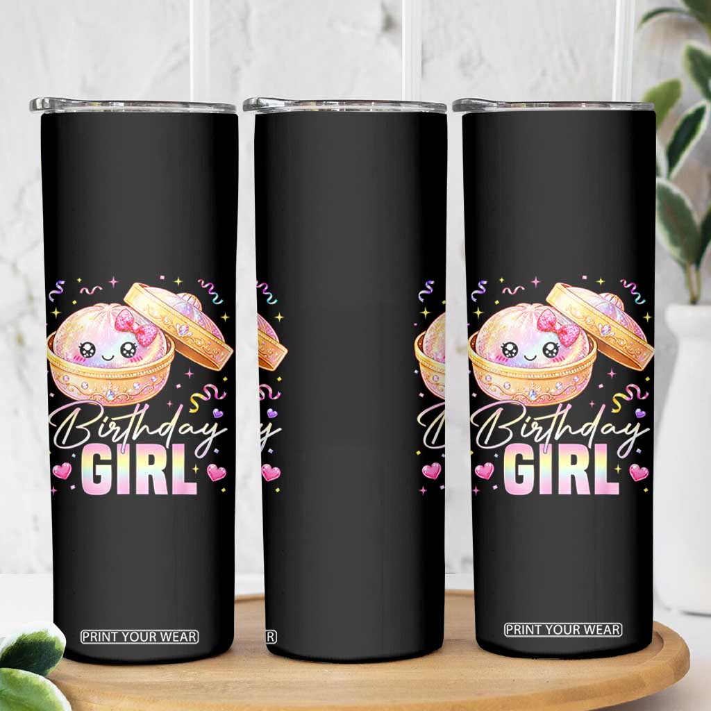 Kawaii Birthday Girl Glitter Dumpling Graphic Skinny Tumbler Cute Pink Bow Dim Sum Party Gift
