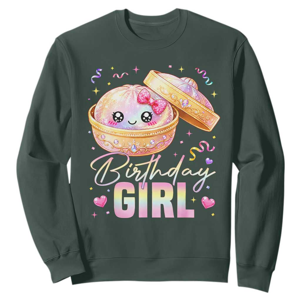 Kawaii Birthday Girl Glitter Dumpling Graphic Sweatshirt Cute Pink Bow Dim Sum Party Gift