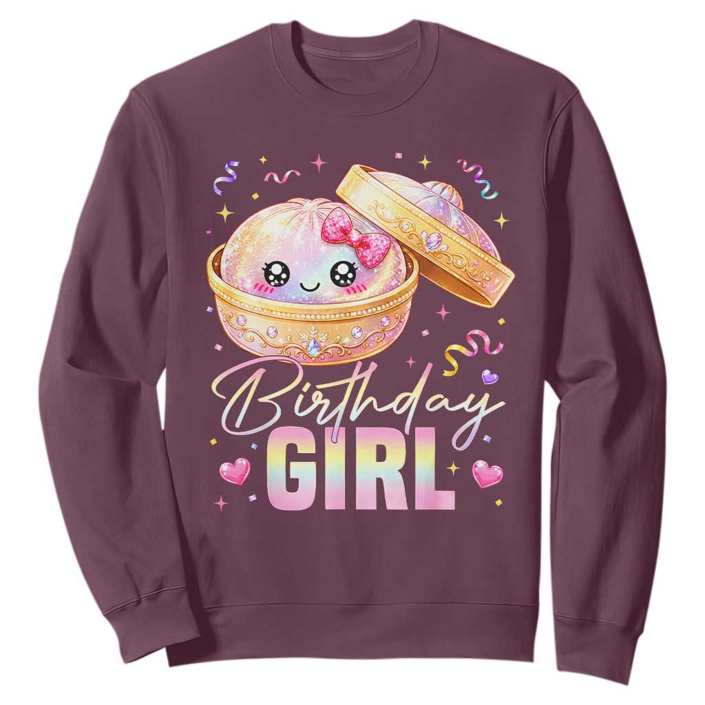 Kawaii Birthday Girl Glitter Dumpling Graphic Sweatshirt Cute Pink Bow Dim Sum Party Gift