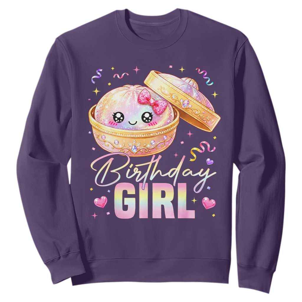 Kawaii Birthday Girl Glitter Dumpling Graphic Sweatshirt Cute Pink Bow Dim Sum Party Gift
