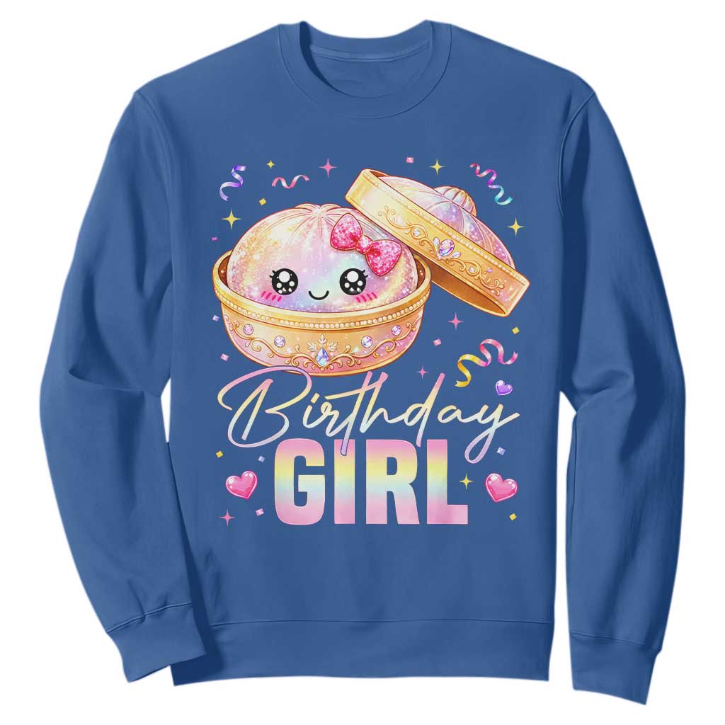 Kawaii Birthday Girl Glitter Dumpling Graphic Sweatshirt Cute Pink Bow Dim Sum Party Gift
