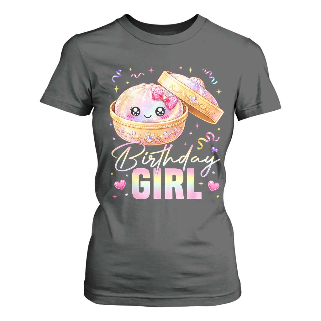 Kawaii Birthday Girl Glitter Dumpling Graphic T Shirt For Women Cute Pink Bow Dim Sum Party Gift