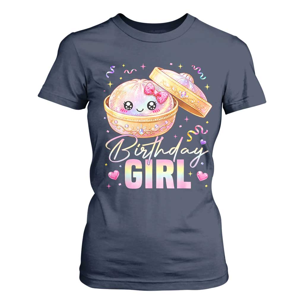 Kawaii Birthday Girl Glitter Dumpling Graphic T Shirt For Women Cute Pink Bow Dim Sum Party Gift