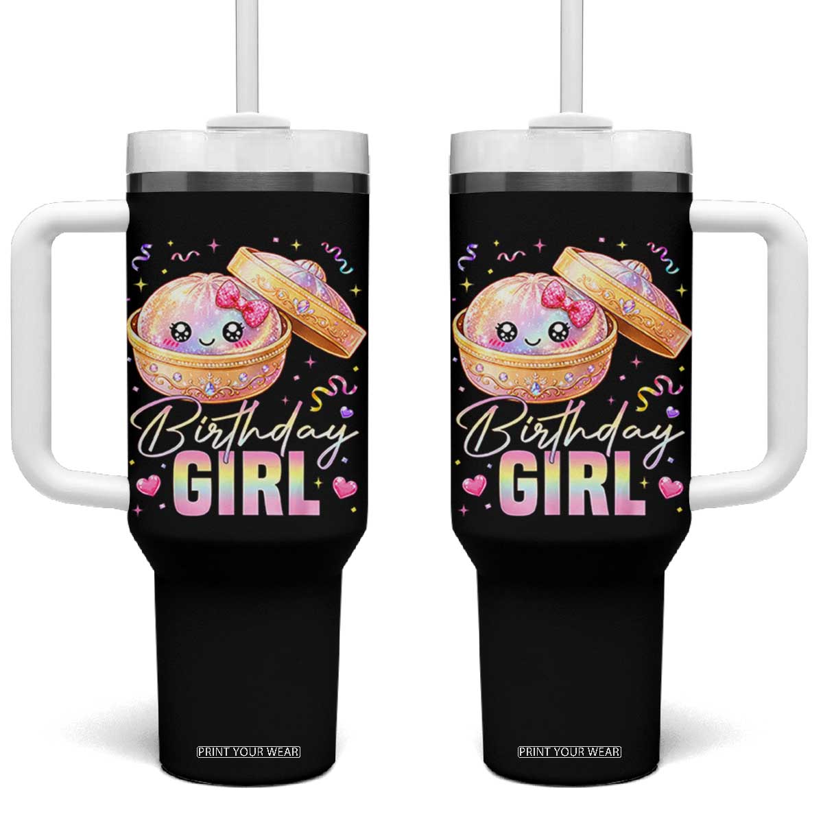 Kawaii Birthday Girl Glitter Dumpling Graphic Tumbler With Handle Cute Pink Bow Dim Sum Party Gift TS02 One Size: 40 oz Black Print Your Wear
