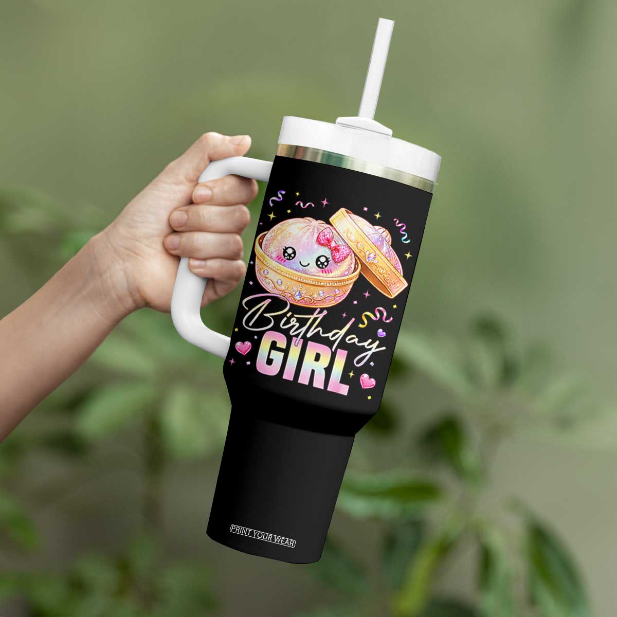 Kawaii Birthday Girl Glitter Dumpling Graphic Tumbler With Handle Cute Pink Bow Dim Sum Party Gift