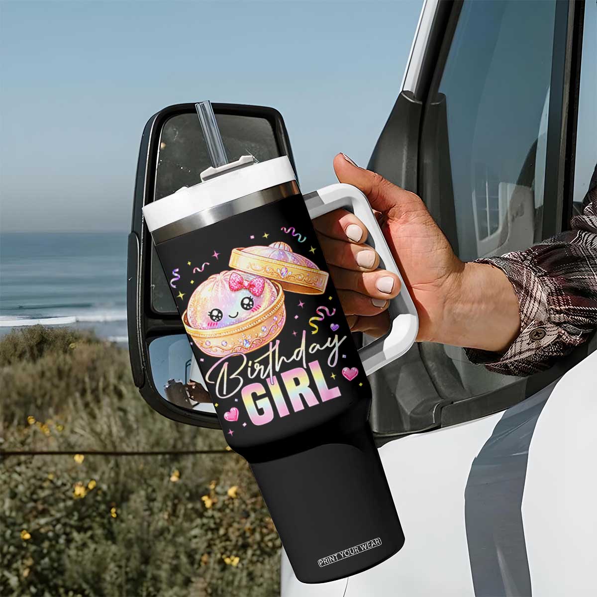 Kawaii Birthday Girl Glitter Dumpling Graphic Tumbler With Handle Cute Pink Bow Dim Sum Party Gift