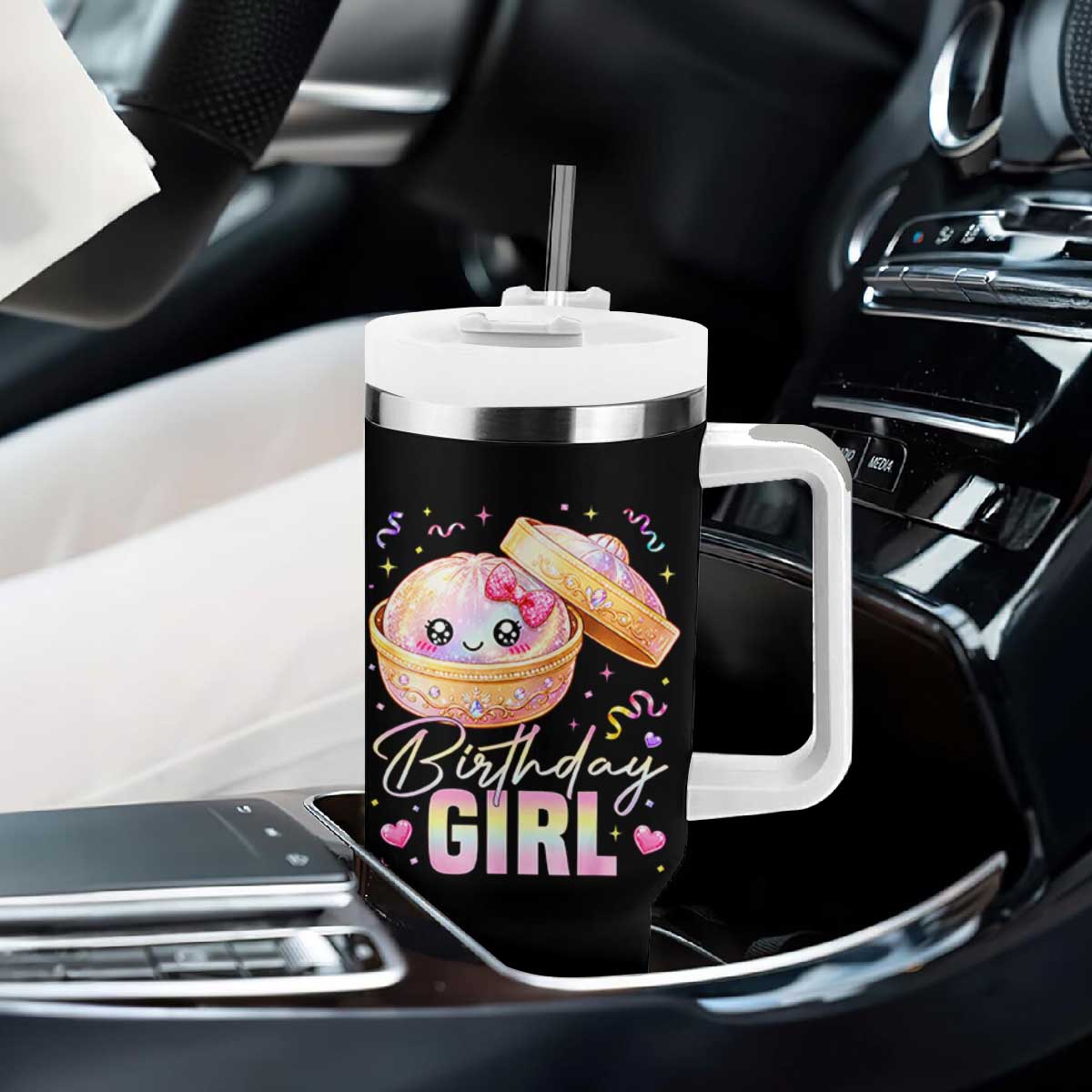 Kawaii Birthday Girl Glitter Dumpling Graphic Tumbler With Handle Cute Pink Bow Dim Sum Party Gift