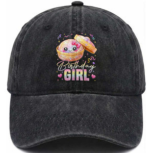 Kawaii Birthday Girl Glitter Dumpling Graphic Washed Cotton Baseball Cap Cute Pink Bow Dim Sum Party Gift