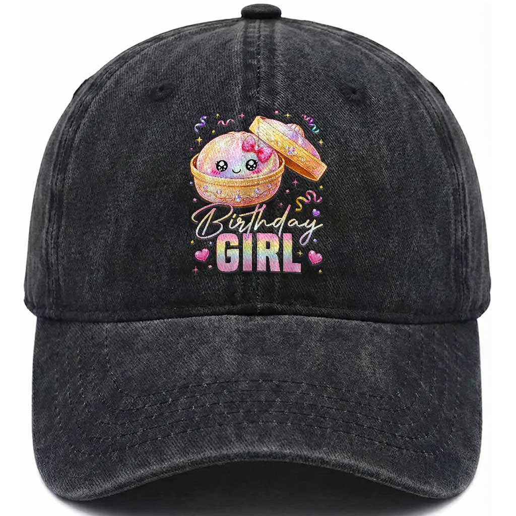 Kawaii Birthday Girl Glitter Dumpling Graphic Washed Cotton Baseball Cap Cute Pink Bow Dim Sum Party Gift TS02 Print Your Wear