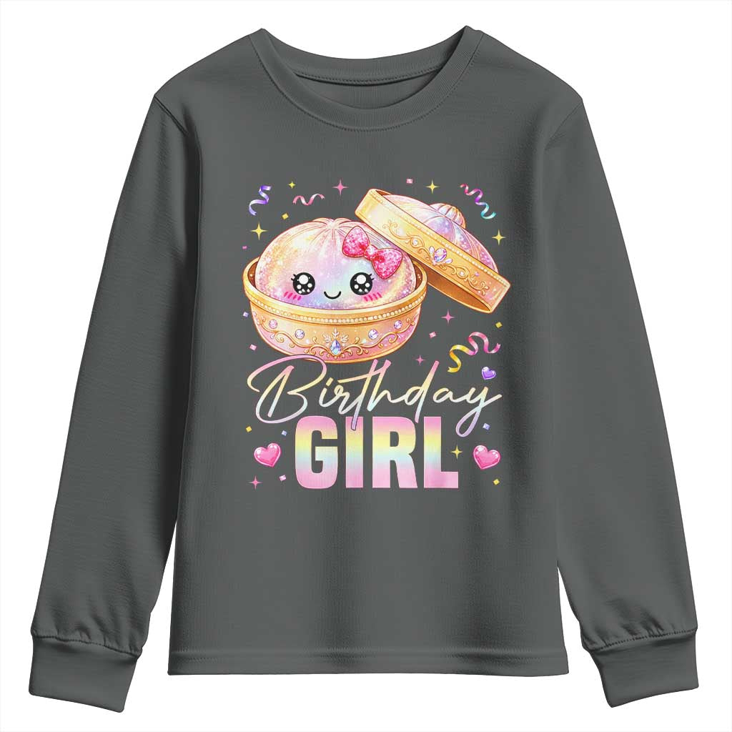 Kawaii Birthday Girl Glitter Dumpling Graphic Youth Sweatshirt Cute Pink Bow Dim Sum Party Gift