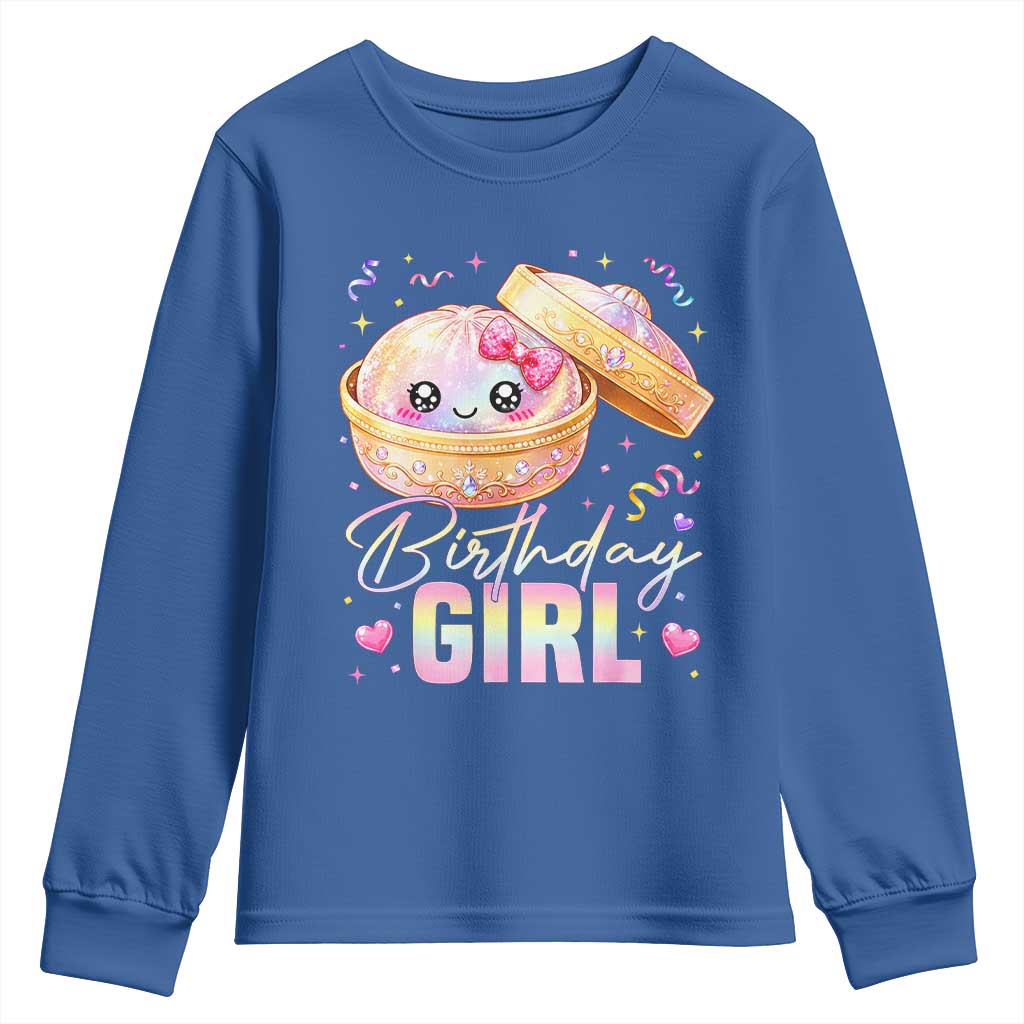 Kawaii Birthday Girl Glitter Dumpling Graphic Youth Sweatshirt Cute Pink Bow Dim Sum Party Gift