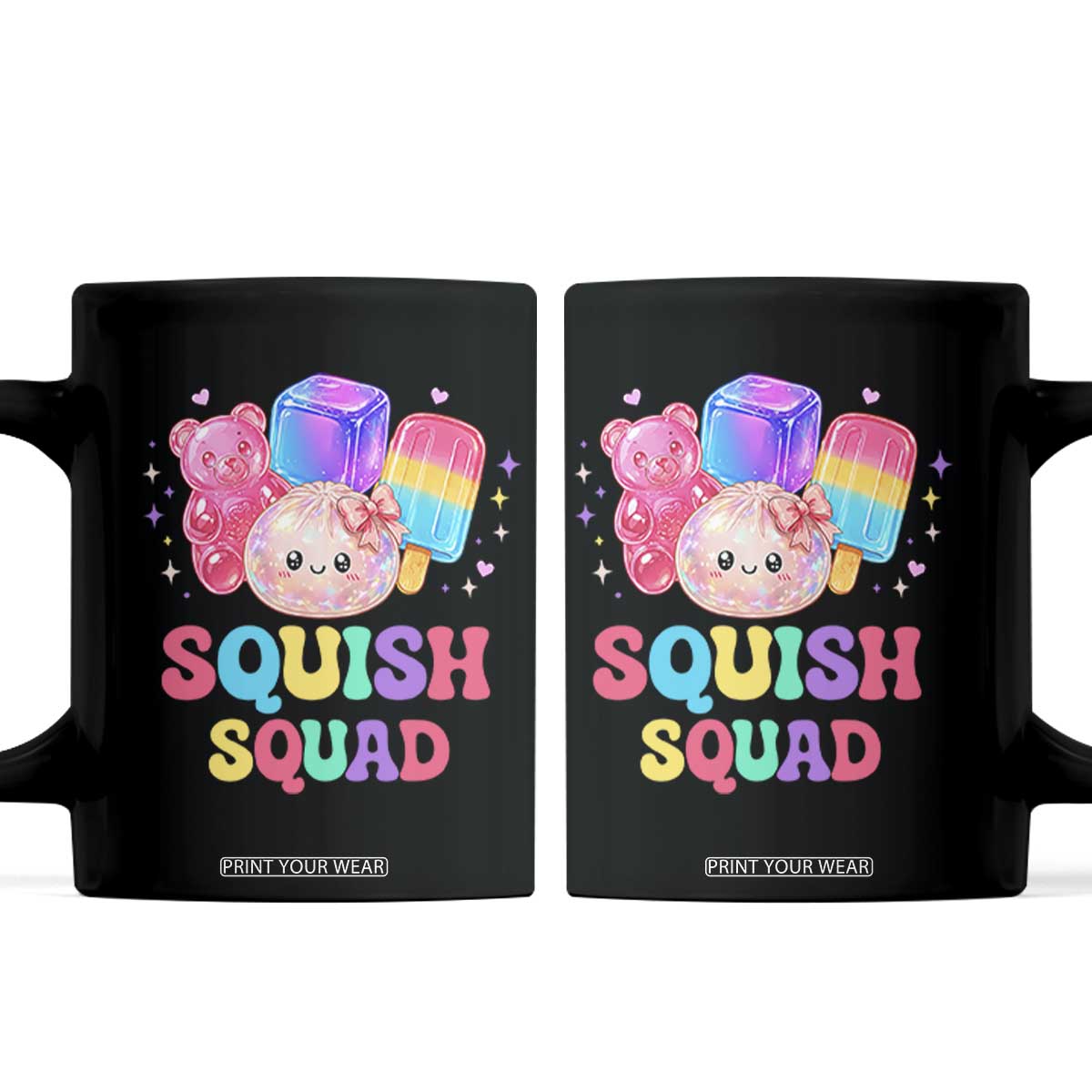 Squish Squad Kawaii Glitter Dumpling and Candy Graphic Coffee Mug Cute Gummy Bear Popsicle