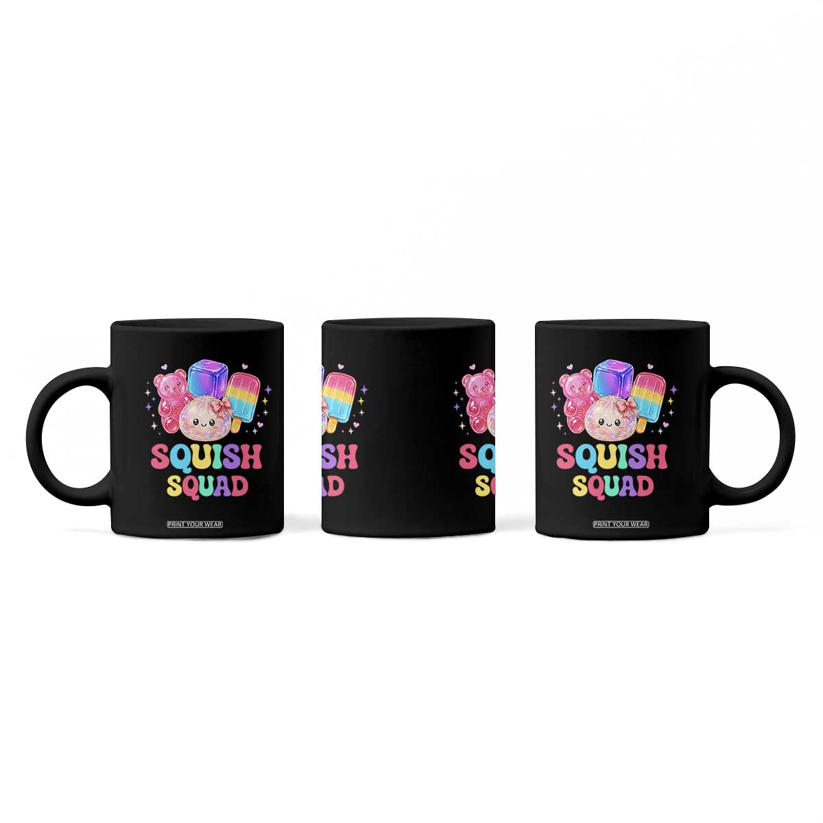 Squish Squad Kawaii Glitter Dumpling and Candy Graphic Coffee Mug Cute Gummy Bear Popsicle