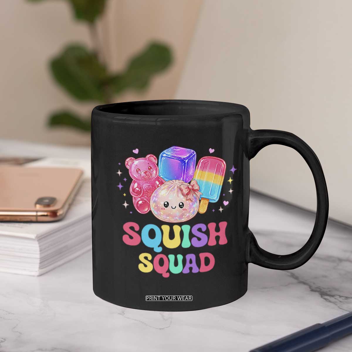 Squish Squad Kawaii Glitter Dumpling and Candy Graphic Coffee Mug Cute Gummy Bear Popsicle