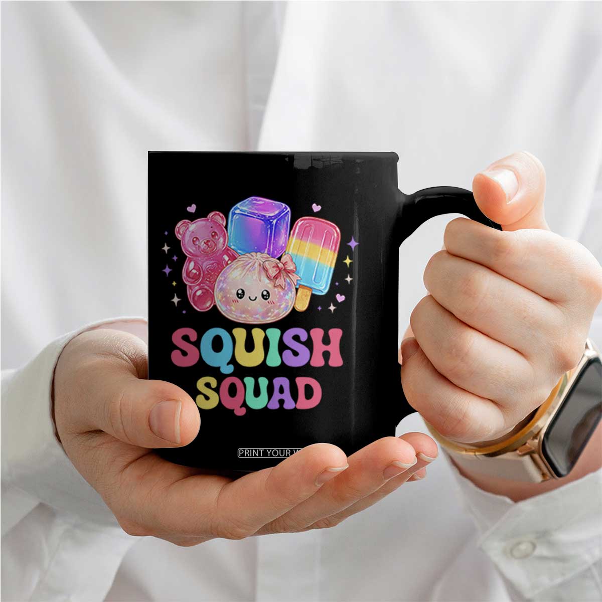 Squish Squad Kawaii Glitter Dumpling and Candy Graphic Coffee Mug Cute Gummy Bear Popsicle
