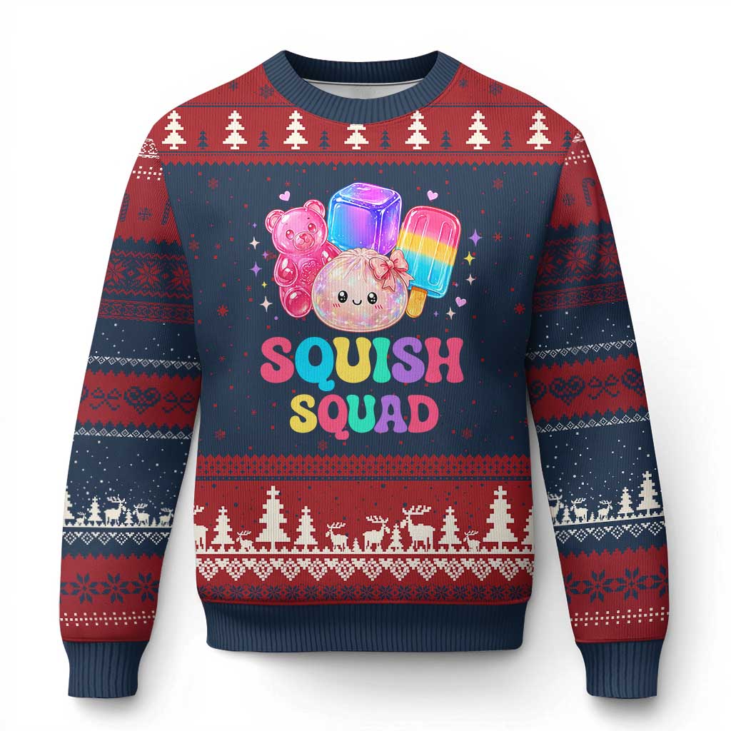 Squish Squad Kawaii Glitter Dumpling and Candy Graphic Ugly Christmas Sweater Cute Gummy Bear Popsicle TS02 Navy Red Print Your Wear