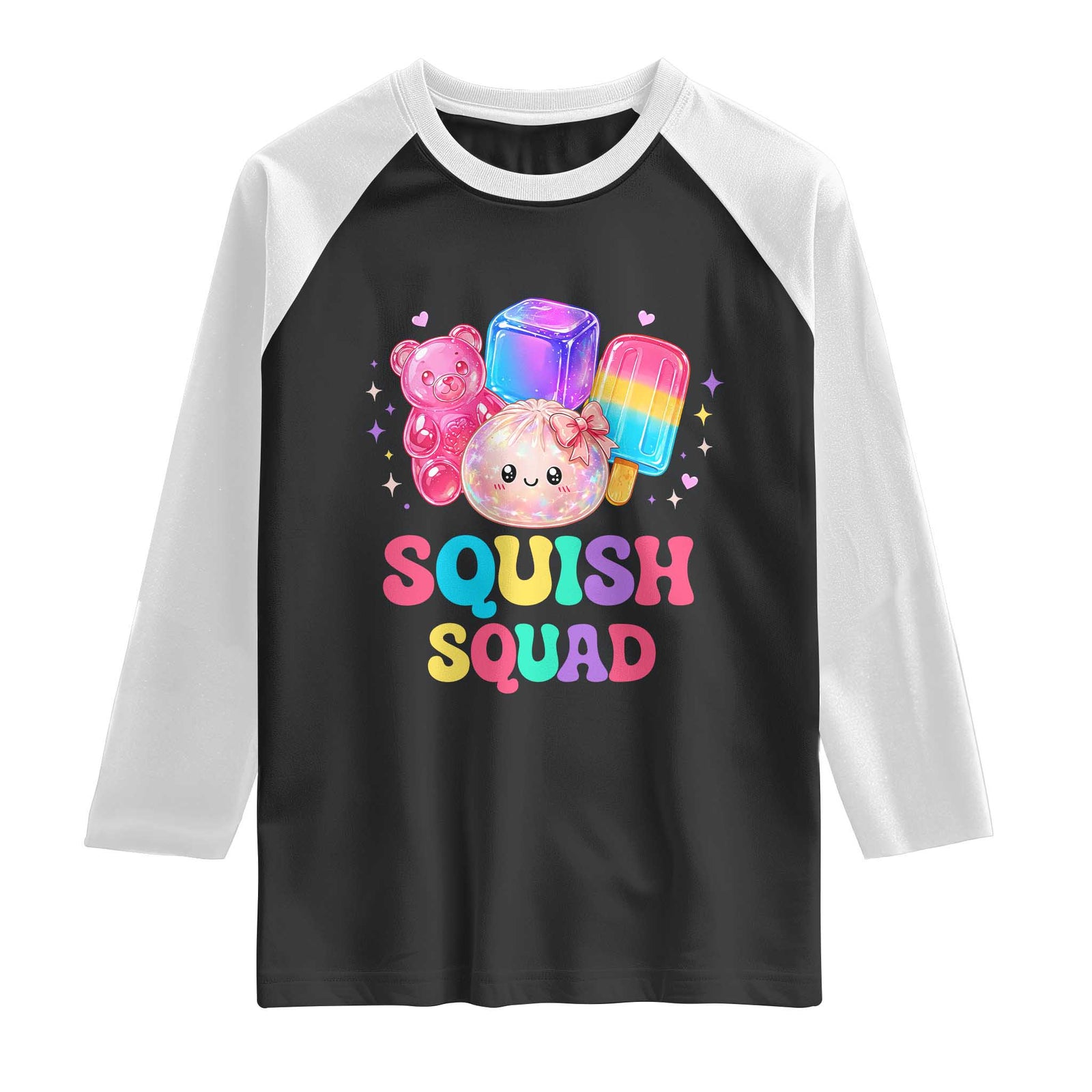 Squish Squad Kawaii Glitter Dumpling and Candy Graphic Raglan Shirt Cute Gummy Bear Popsicle TS02 Black White Print Your Wear