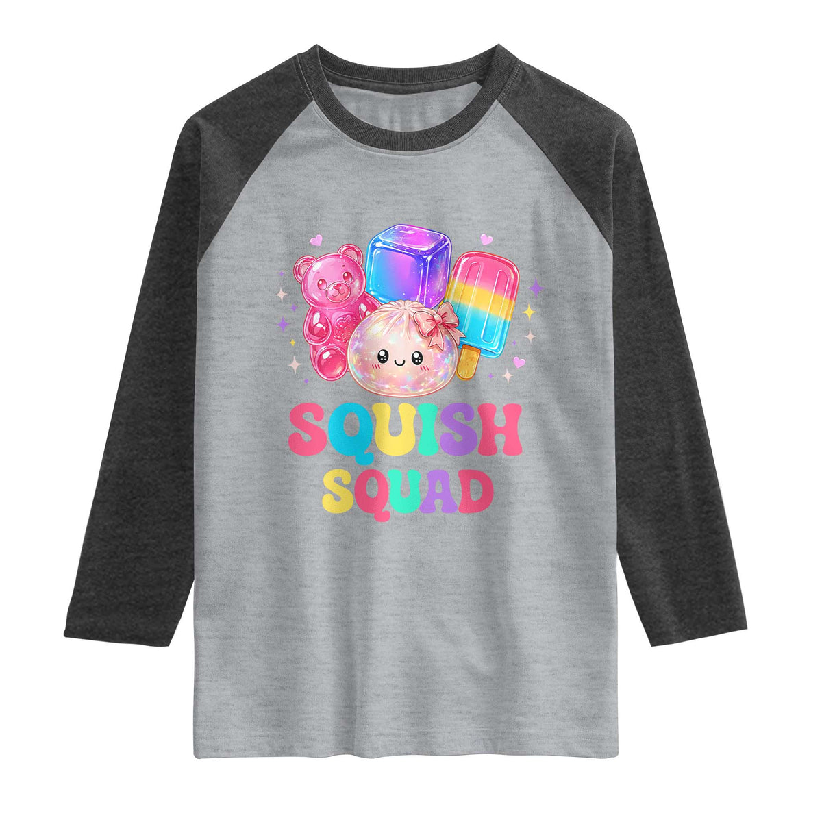 Squish Squad Kawaii Glitter Dumpling and Candy Graphic Raglan Shirt Cute Gummy Bear Popsicle