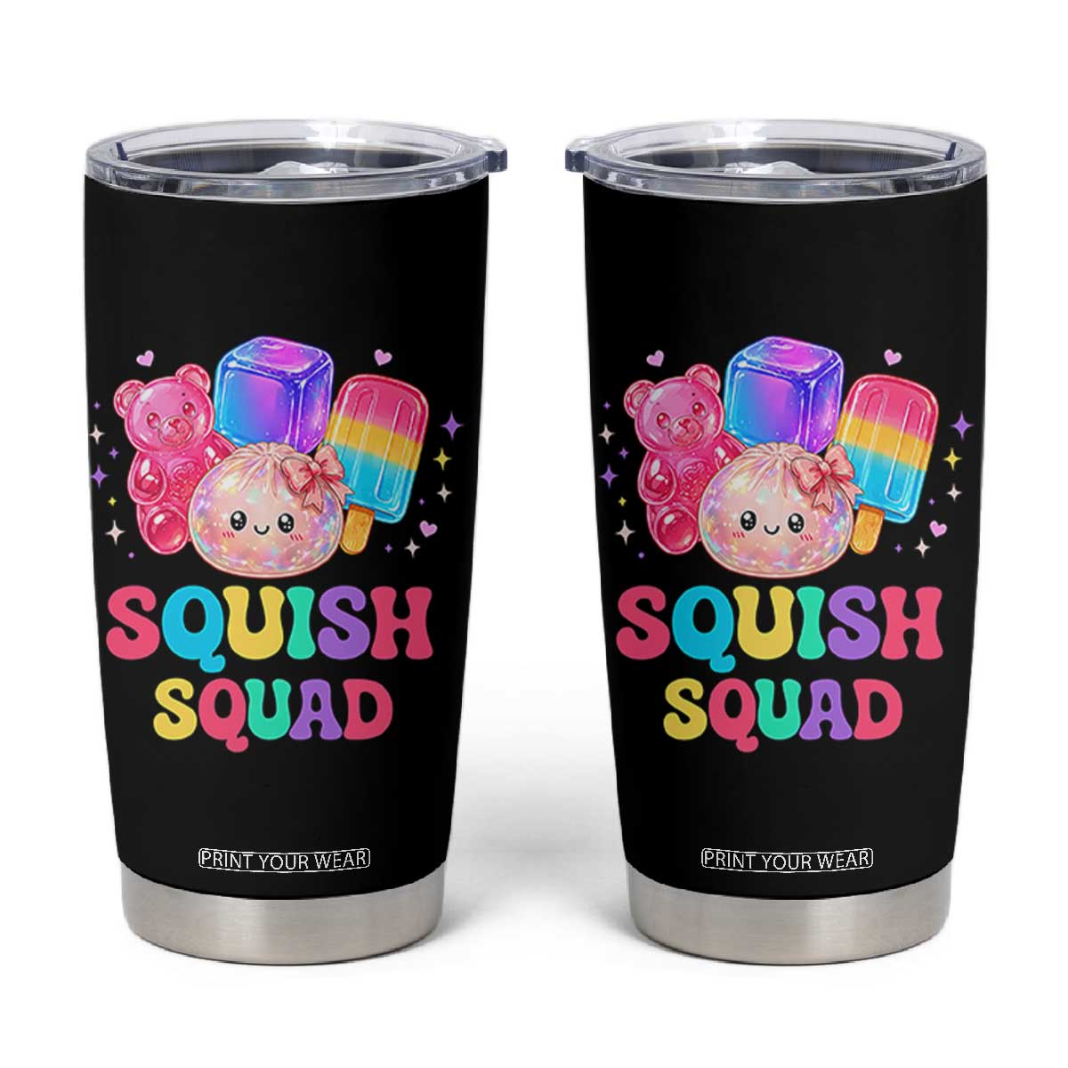 Squish Squad Kawaii Glitter Dumpling and Candy Graphic Tumbler Cup Cute Gummy Bear Popsicle