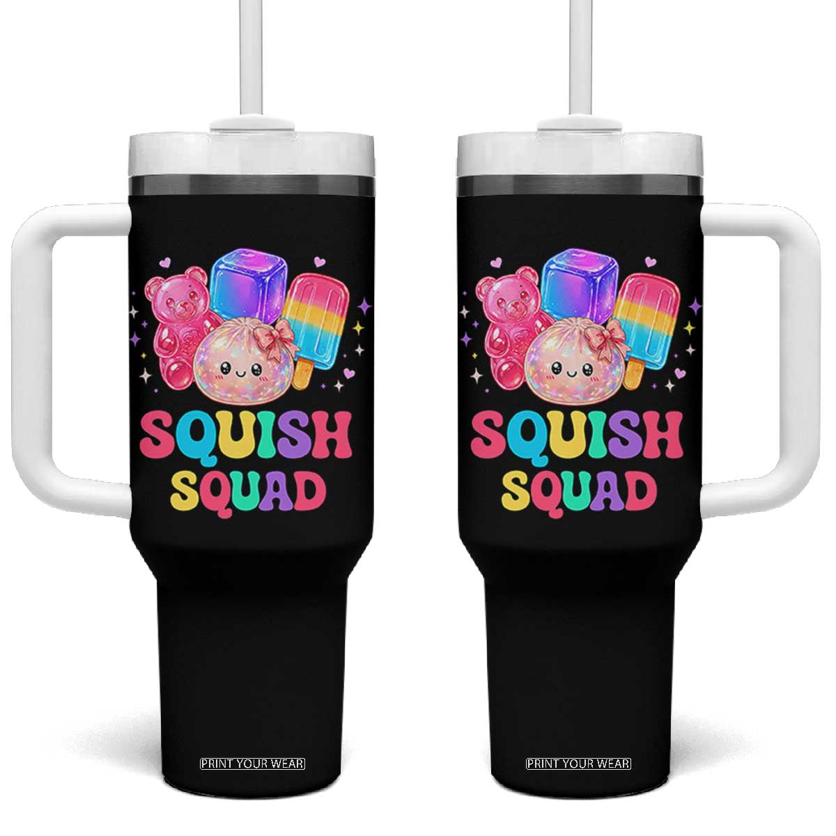 Squish Squad Kawaii Glitter Dumpling and Candy Graphic Tumbler With Handle Cute Gummy Bear Popsicle TS02 One Size: 40 oz Black Print Your Wear