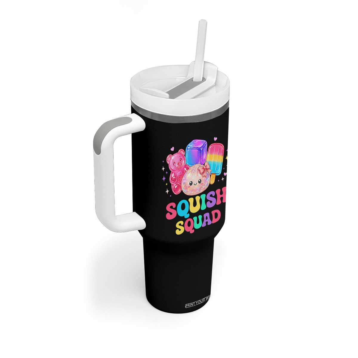 Squish Squad Kawaii Glitter Dumpling and Candy Graphic Tumbler With Handle Cute Gummy Bear Popsicle