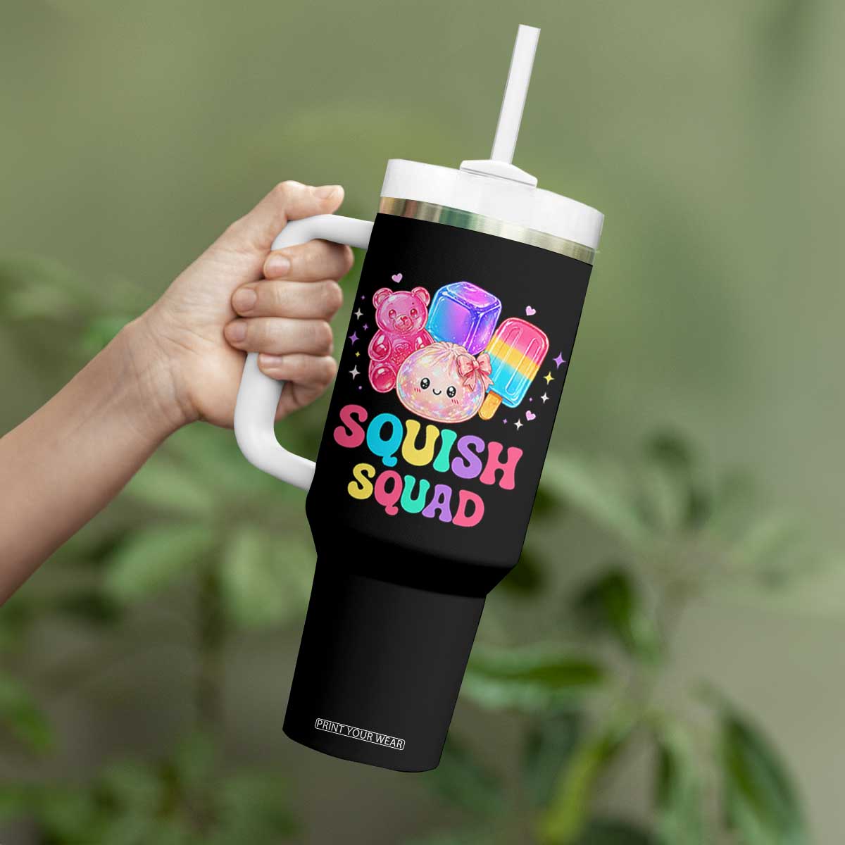 Squish Squad Kawaii Glitter Dumpling and Candy Graphic Tumbler With Handle Cute Gummy Bear Popsicle
