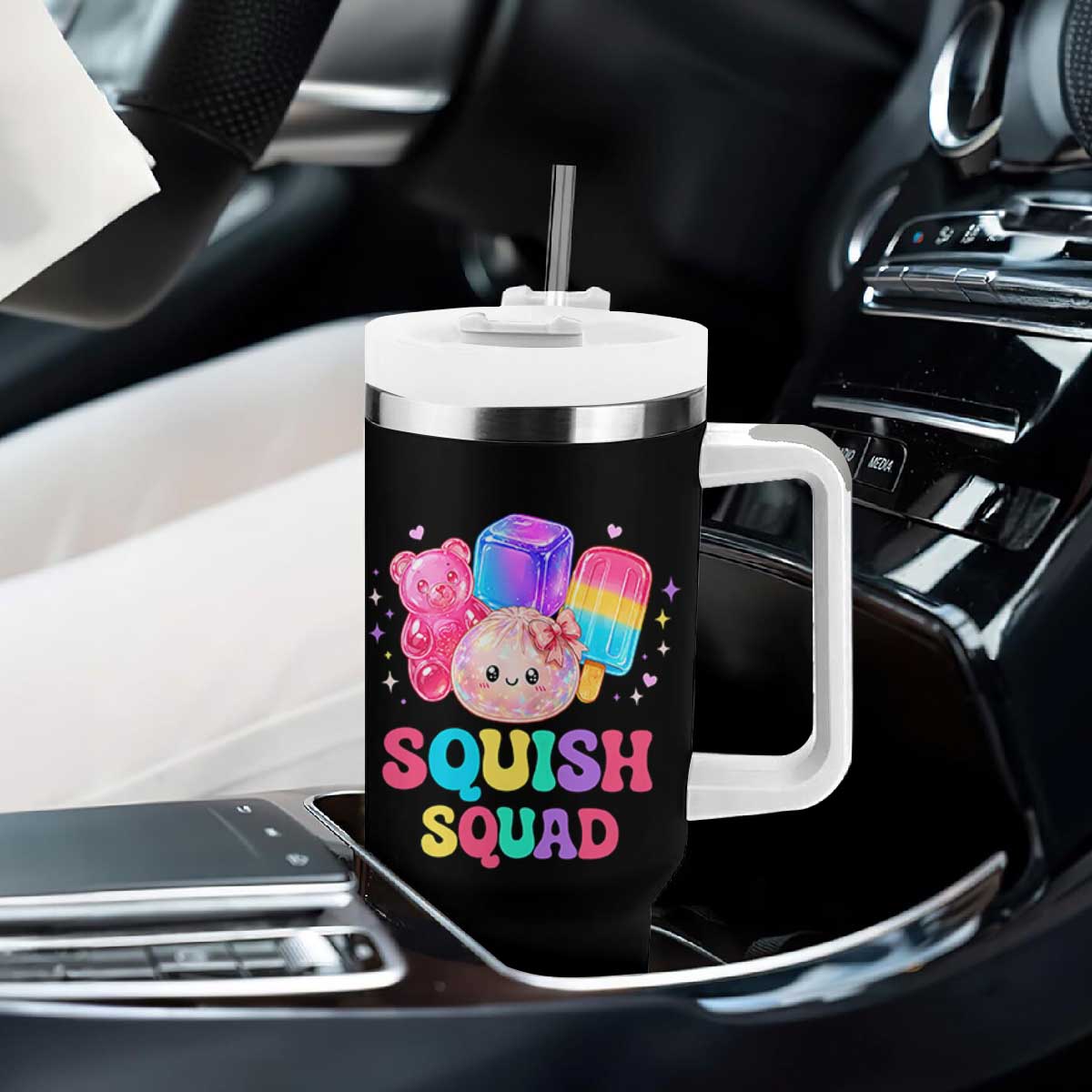Squish Squad Kawaii Glitter Dumpling and Candy Graphic Tumbler With Handle Cute Gummy Bear Popsicle