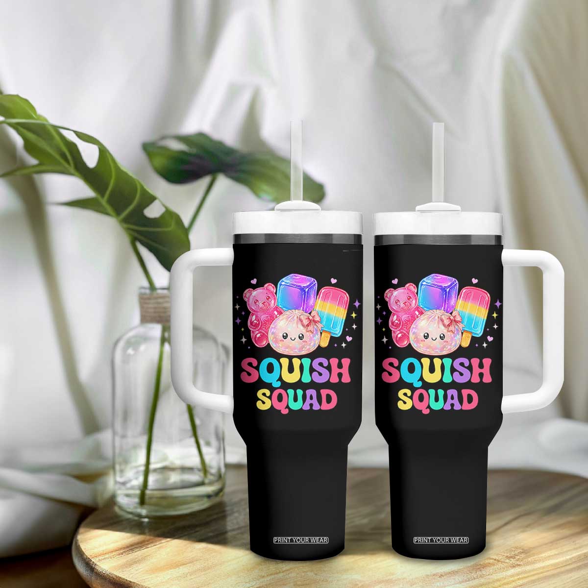 Squish Squad Kawaii Glitter Dumpling and Candy Graphic Tumbler With Handle Cute Gummy Bear Popsicle