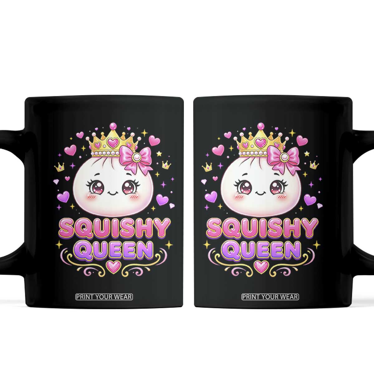 Squishy Queen Kawaii Glitter Dumpling Graphic Coffee Mug Cute Tiara Crown and Pink Bow TS02 Black Print Your Wear