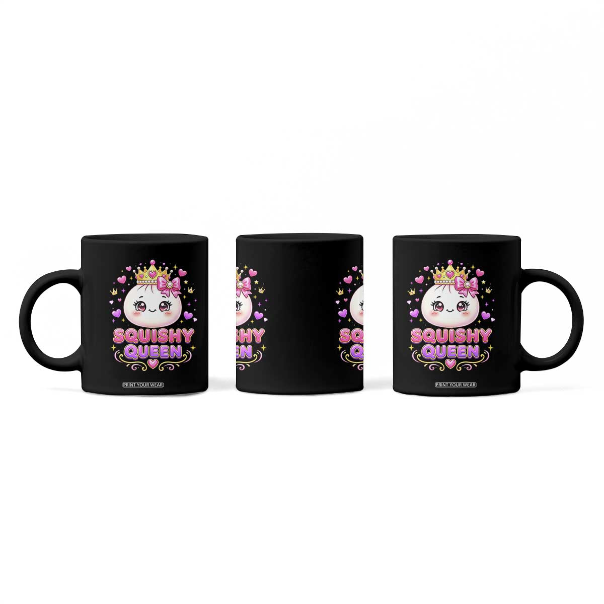 Squishy Queen Kawaii Glitter Dumpling Graphic Coffee Mug Cute Tiara Crown and Pink Bow