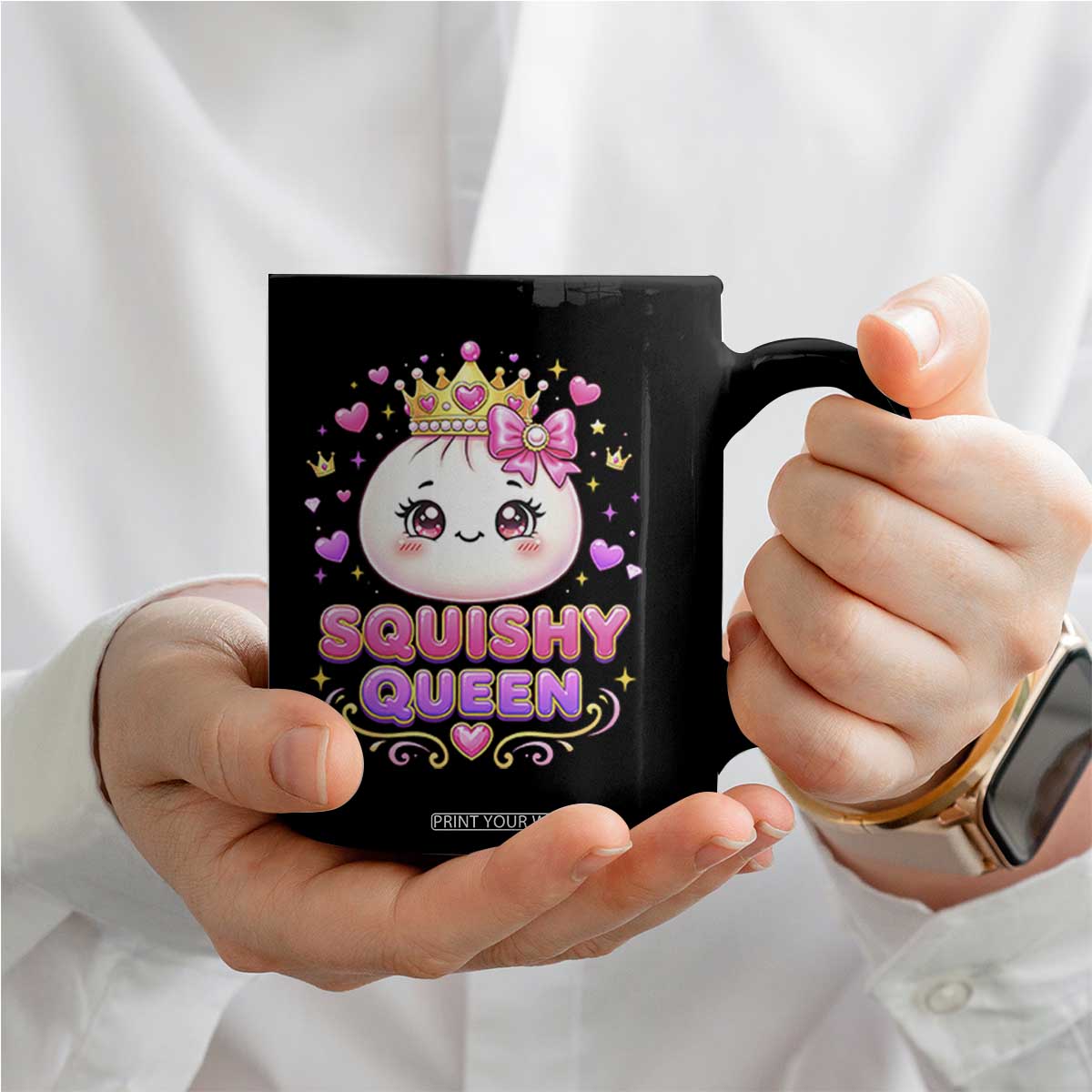 Squishy Queen Kawaii Glitter Dumpling Graphic Coffee Mug Cute Tiara Crown and Pink Bow