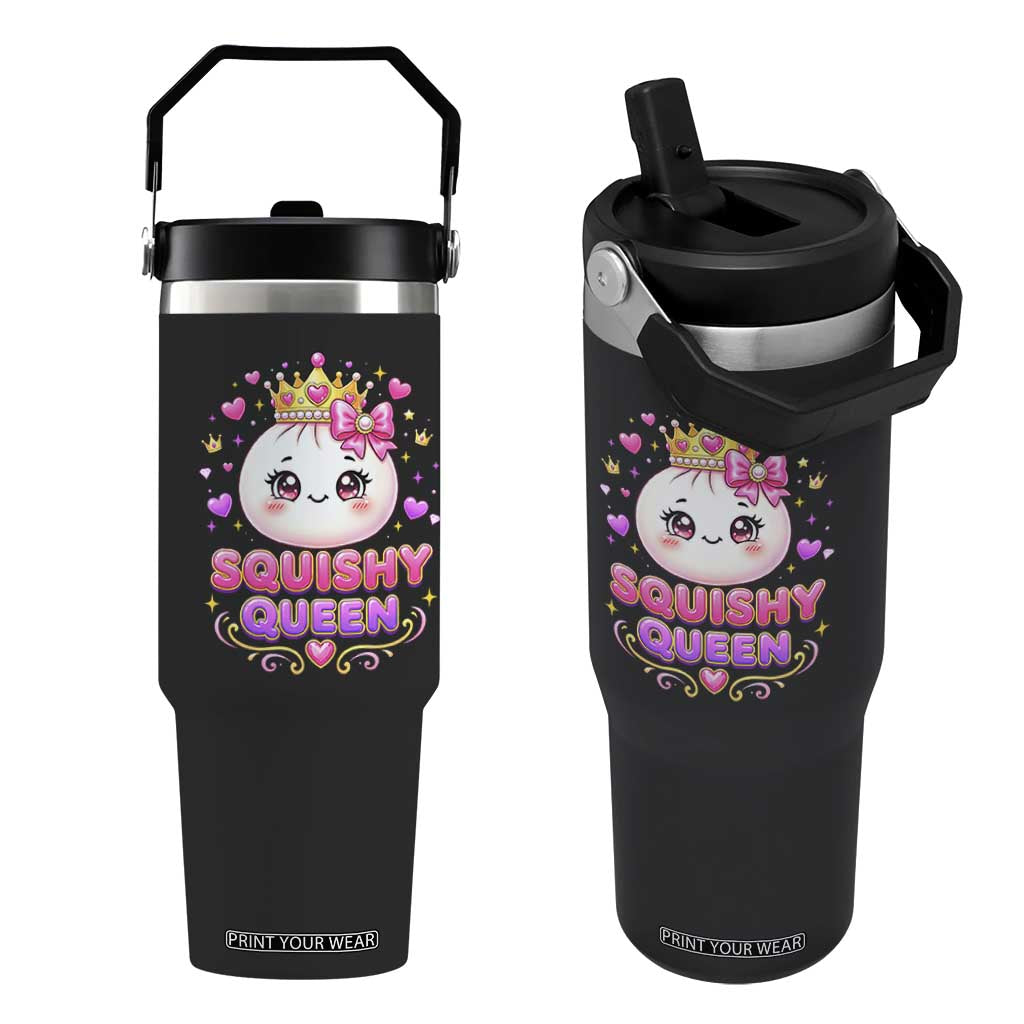Squishy Queen Kawaii Glitter Dumpling Graphic Flip Straw Tumbler Cute Tiara Crown and Pink Bow