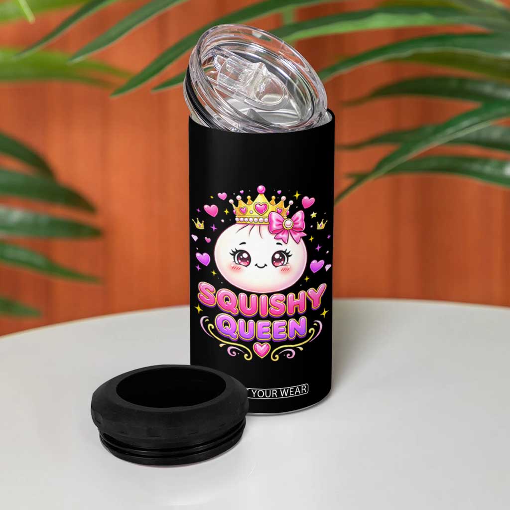 Squishy Queen Kawaii Glitter Dumpling Graphic 4 in 1 Can Cooler Tumbler Cute Tiara Crown and Pink Bow