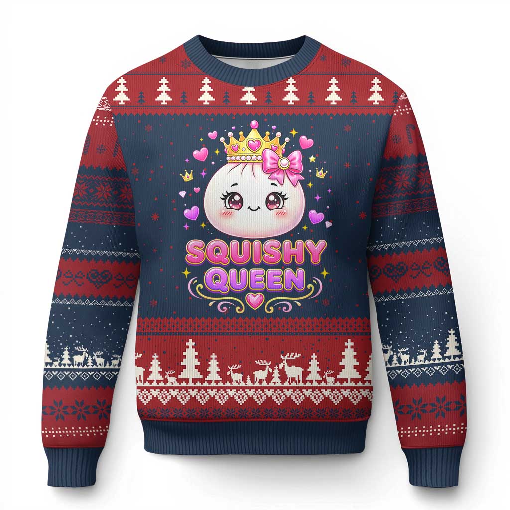 Squishy Queen Kawaii Glitter Dumpling Graphic Ugly Christmas Sweater Cute Tiara Crown and Pink Bow TS02 Navy Red Print Your Wear