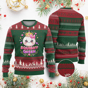 Squishy Queen Kawaii Glitter Dumpling Graphic Ugly Christmas Sweater Cute Tiara Crown and Pink Bow