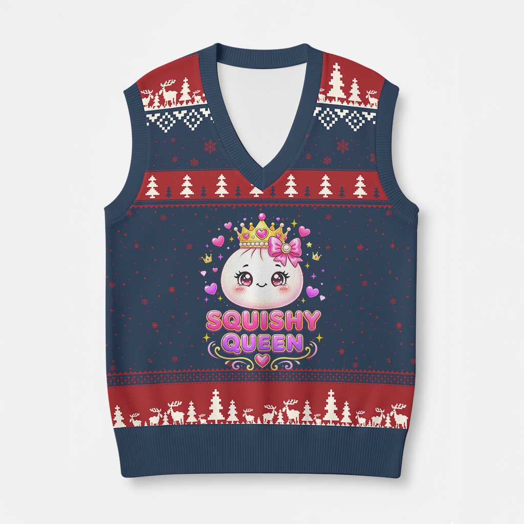 Squishy Queen Kawaii Glitter Dumpling Graphic V-Neck Knit Sweater Vest Cute Tiara Crown and Pink Bow