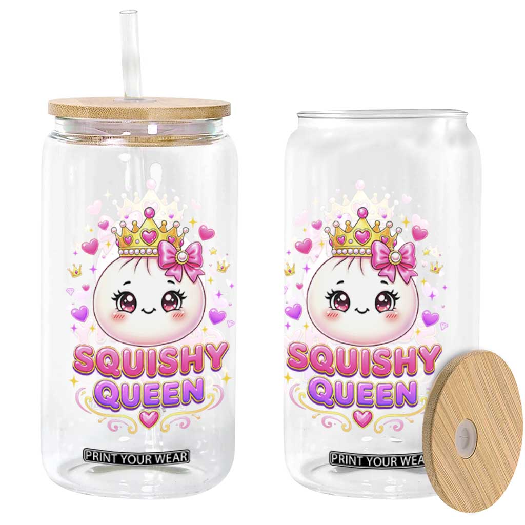 Squishy Queen Kawaii Glitter Dumpling Graphic Glass Can Cute Tiara Crown and Pink Bow