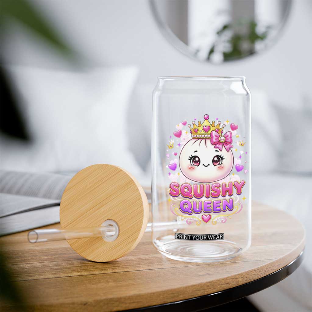 Squishy Queen Kawaii Glitter Dumpling Graphic Glass Can Cute Tiara Crown and Pink Bow